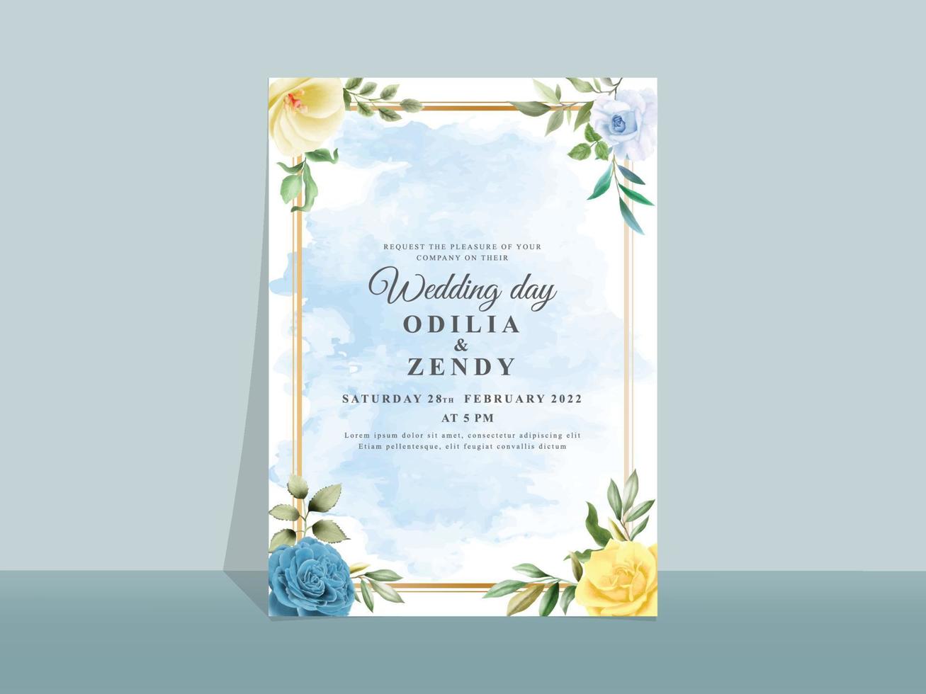 carte d'invitation de mariage avec de belles fleurs bleues et jaunes vecteur