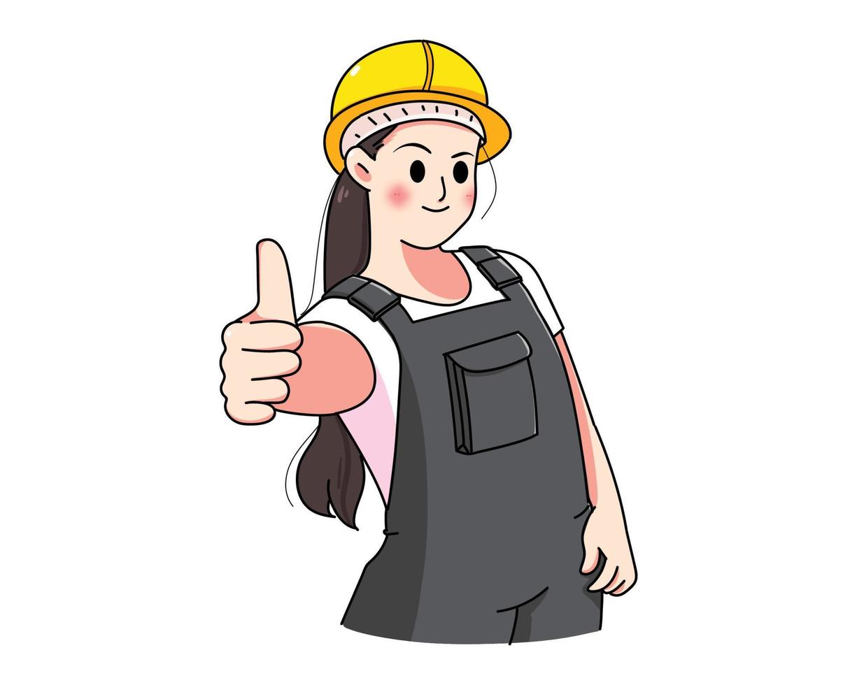 femme professionnelle ouvrier de l'industrie ingénieur d'usine machines ou technicien personnes illustration d'art de dessin animé dessiné à la main vecteur