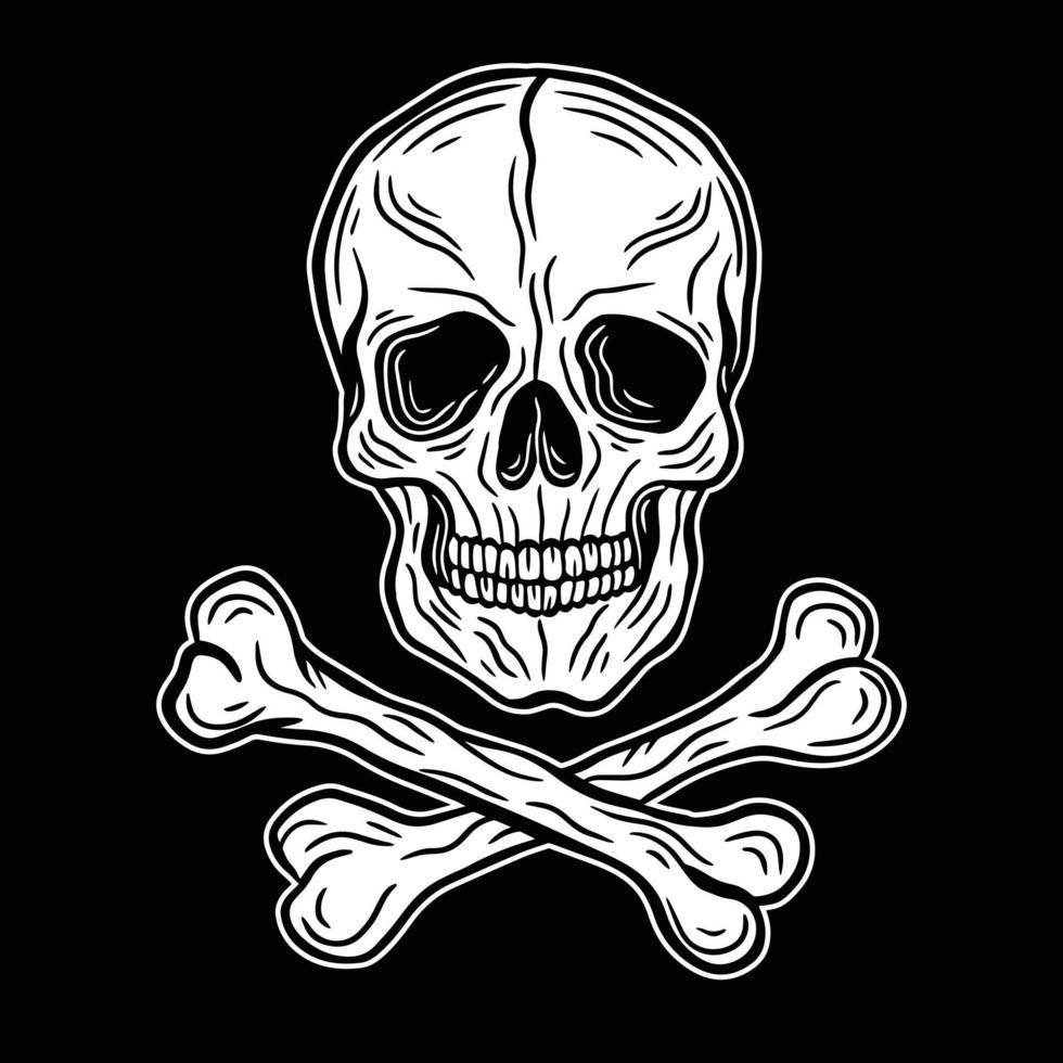 tête de crâne noir et blanc concept de tatouage dessiné à la main illustration d'art sombre vecteur