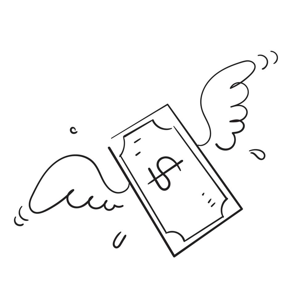 argent dollar doodle dessinés à la main avec vecteur d'illustration d'ailes