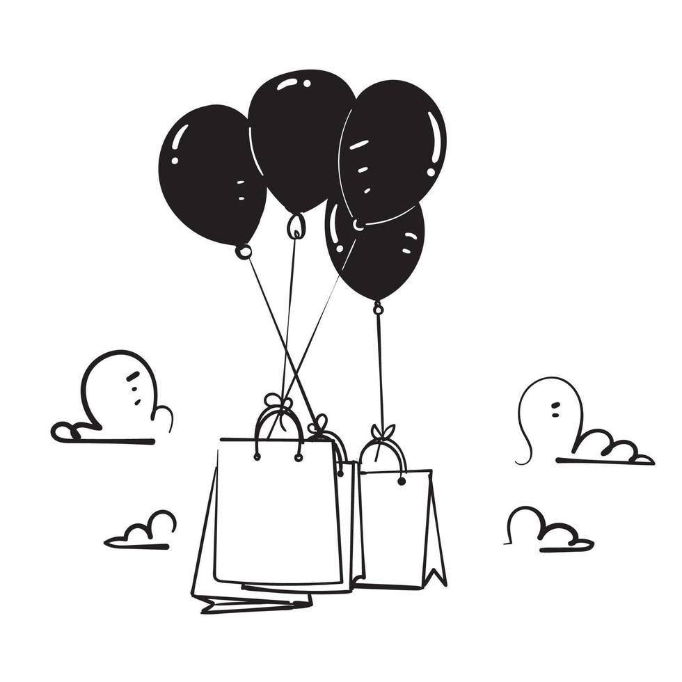 sac à provisions doodle dessiné à la main et chariot volant avec illustration de ballon noir vecteur