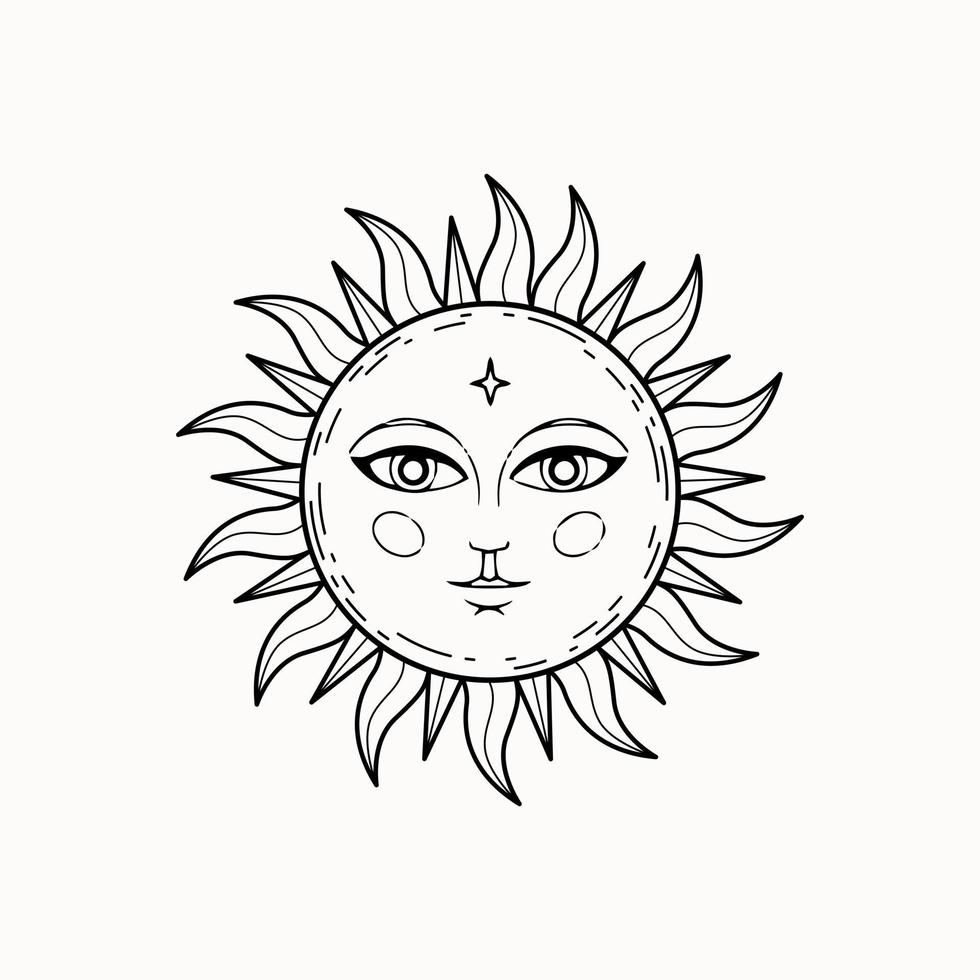 dessin au trait de soleil décoratif ésotérique mystique avec visage vecteur
