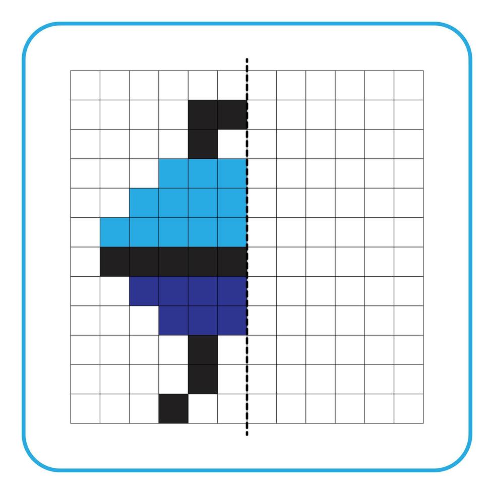 jeu éducatif de réflexion d'image pour les enfants. apprendre à remplir des feuilles de travail sur la symétrie pour les activités préscolaires. pages de grille à colorier, perception visuelle et pixel art. terminer la forme du poêle à griller. vecteur