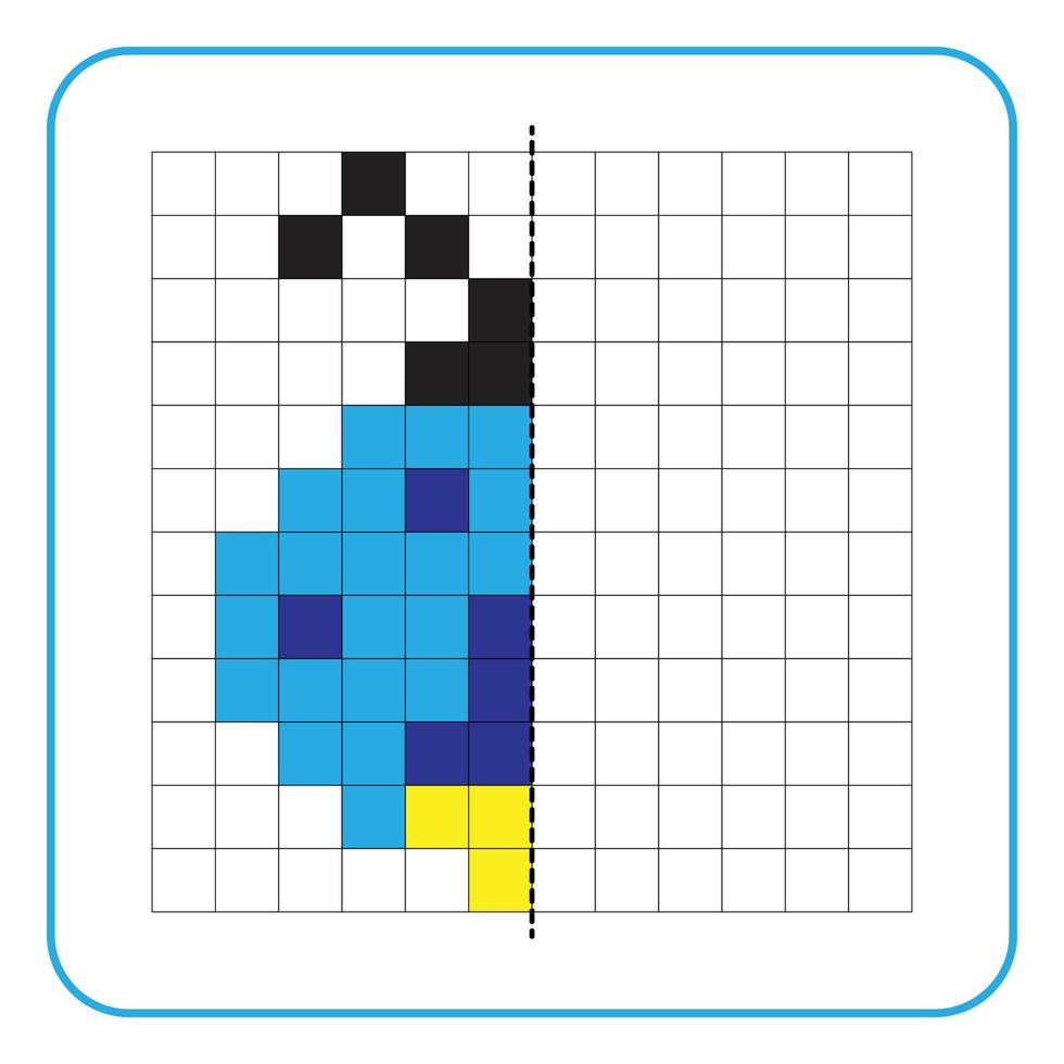 jeu éducatif de réflexion d'image pour les enfants. apprendre à remplir des feuilles de travail sur la symétrie pour les activités préscolaires. pages de grille à colorier, perception visuelle et pixel art. fini le bug de la luciole bleue. vecteur