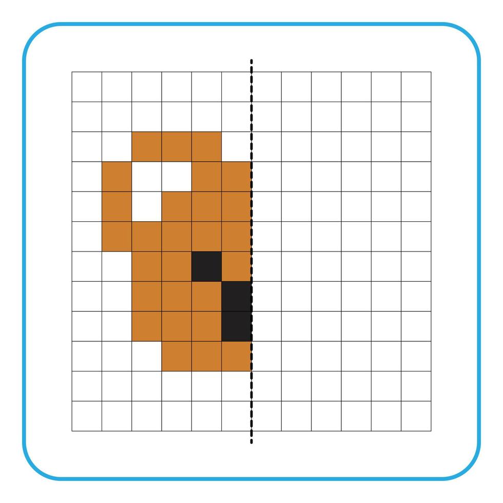 jeu éducatif de réflexion d'image pour les enfants. apprendre à remplir des feuilles de travail sur la symétrie pour les activités préscolaires. pages de grille à colorier, perception visuelle et pixel art. terminer l'image du visage de koala brun. vecteur