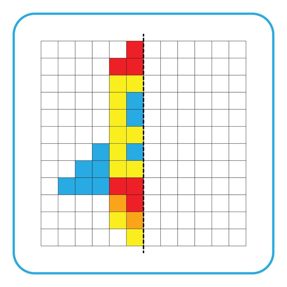 jeu éducatif de réflexion d'image pour les enfants. apprendre à remplir des feuilles de travail sur la symétrie pour les activités préscolaires. pages de grille à colorier, perception visuelle et pixel art. dessin terminé de la navette spatiale. vecteur