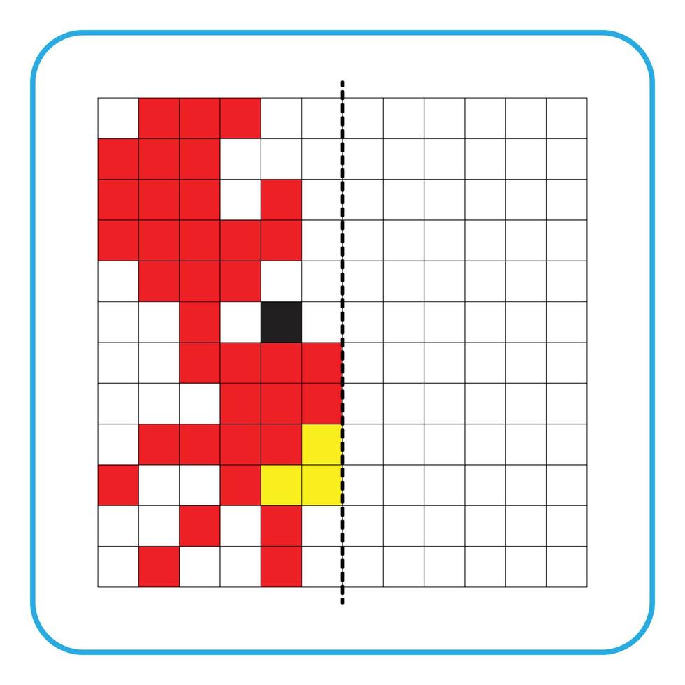 jeu éducatif de réflexion d'image pour les enfants. apprendre à remplir des feuilles de travail sur la symétrie pour les activités préscolaires. pages de grille à colorier, perception visuelle et pixel art. complétez l'image du crabe rouge. vecteur