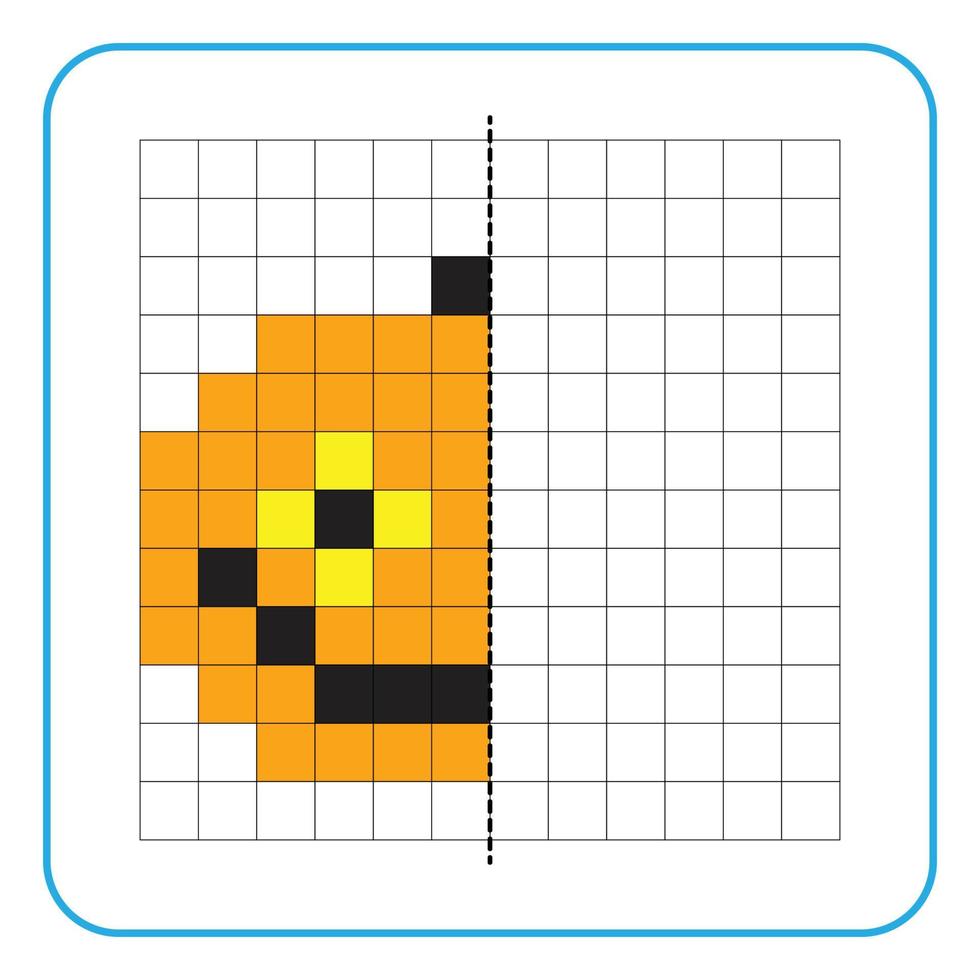 jeu éducatif de réflexion d'image pour les enfants. apprendre à remplir des feuilles de travail sur la symétrie pour les activités préscolaires. pages de grille à colorier, perception visuelle et pixel art. terminer la citrouille d'halloween. vecteur