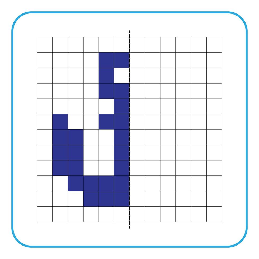 jeu éducatif de réflexion d'image pour les enfants. apprendre à remplir des feuilles de travail sur la symétrie pour les activités préscolaires. pages de grille à colorier, perception visuelle et pixel art. compléter le dessin de l'ancre du navire. vecteur