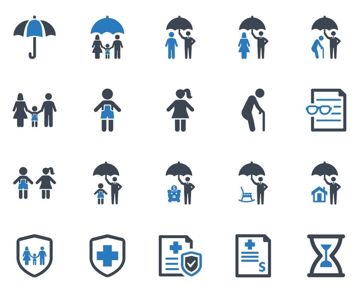 jeu d'icônes d'assurance-vie - illustration vectorielle. vie, famille, assurance, protection, bébé, enfant, vieil homme, enfants, groupe, parents, garçon, fille, pension, icônes. vecteur