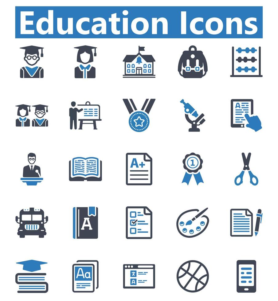 jeu d'icônes de l'éducation - illustration vectorielle. éducation, apprentissage, étudiant, étudiants, remise des diplômes, université, école, apprentissage en ligne, motarboard, diplôme, diplôme, icônes. vecteur