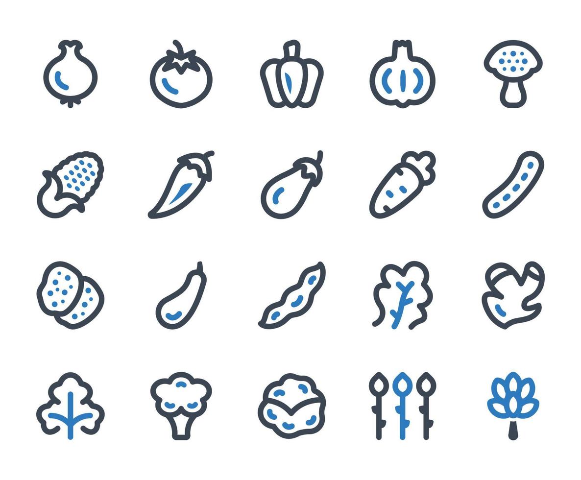 jeu d'icônes de légumes - illustration vectorielle. nourriture, légume, légumes, oignon, tomate, piment, poivron, frais, sain, nutrition, bio, aliments, icônes. vecteur