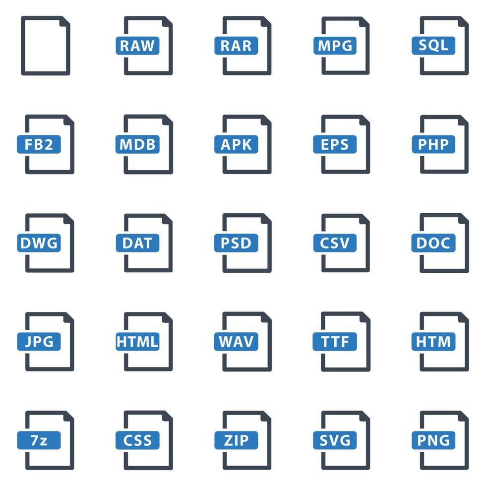 jeu d'icônes de format de fichier - illustration vectorielle. fichier, fichiers, format, document, svg, mpg, zip, eps, psd, jpg, apk, raw, rar, icônes. vecteur