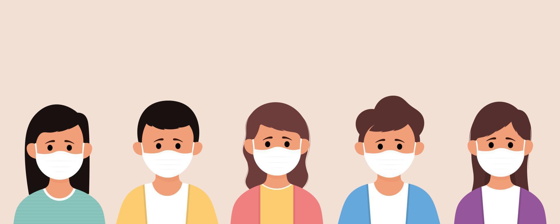 groupe d'enfants portant un masque médical pour prévenir les maladies, la grippe, la pollution de l'air, l'air contaminé, la pollution mondiale vecteur
