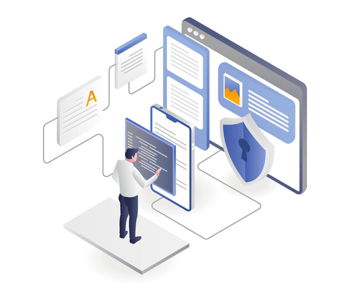 l'homme sécurise les données du programme d'application vecteur