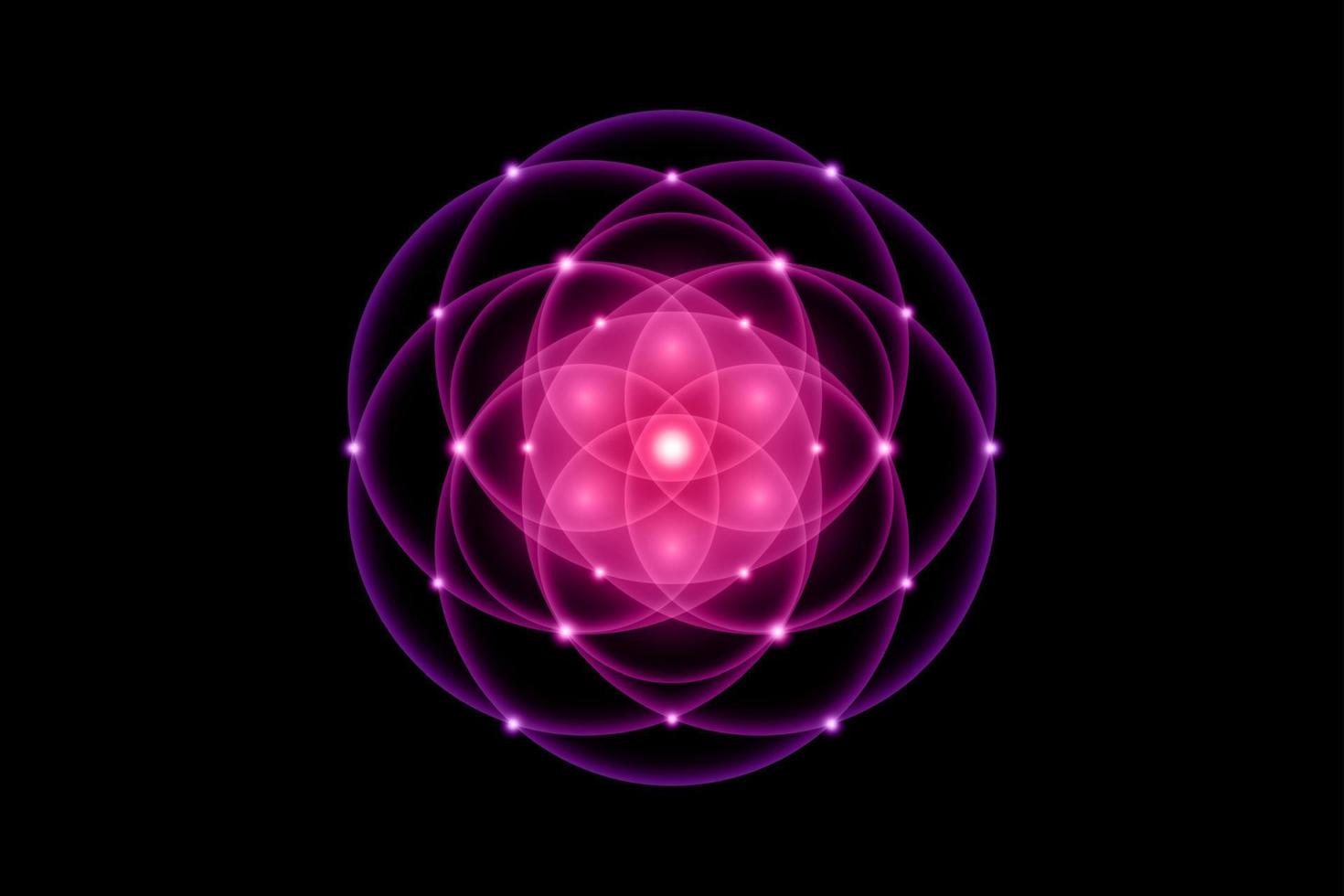 graine de vie, géométrie sacrée, fleur de vie, symbole de logo lumineux d'harmonie et d'équilibre, ornement géométrique brillant, vecteur de lotus violet isolé sur fond noir