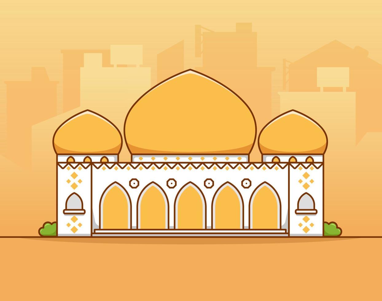 grande grande mosquée musulmane islamique avec dôme jaune or au milieu de la ville silhouette illustration vectorielle plane vecteur