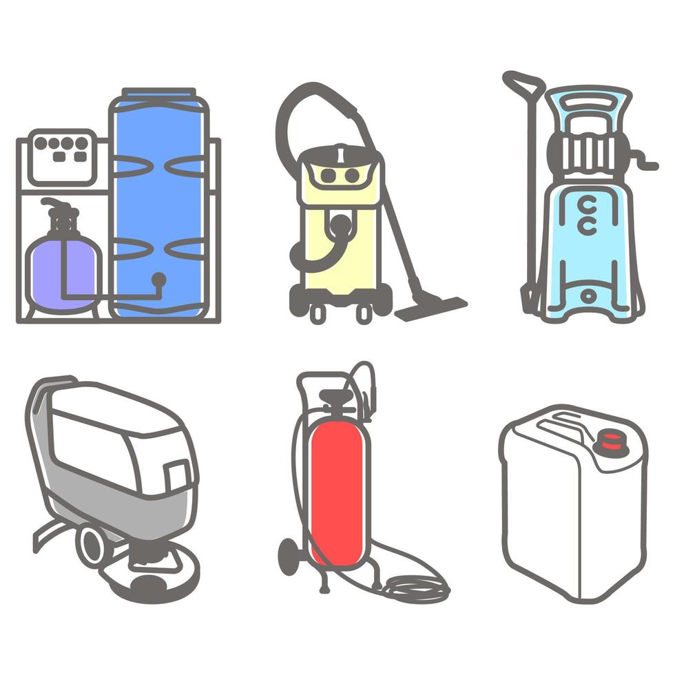 vecteur coloré définir l'icône de contour de l'équipement de nettoyage