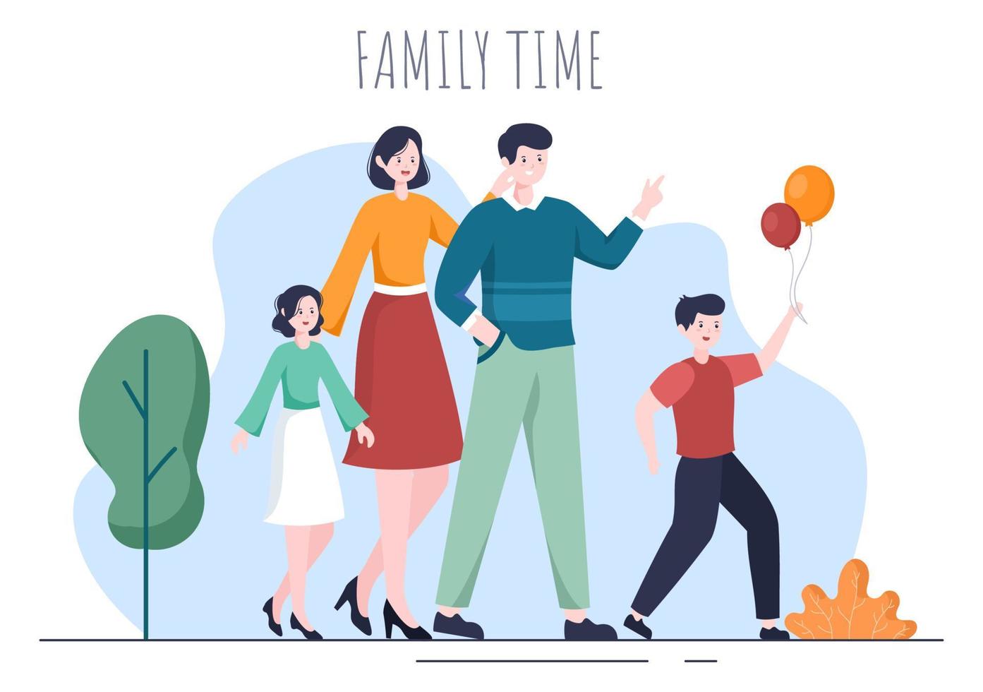 temps en famille de joyeux parents et enfants passant du temps ensemble au parc à faire diverses activités de détente dans une illustration plate de dessin animé pour affiche ou arrière-plan vecteur