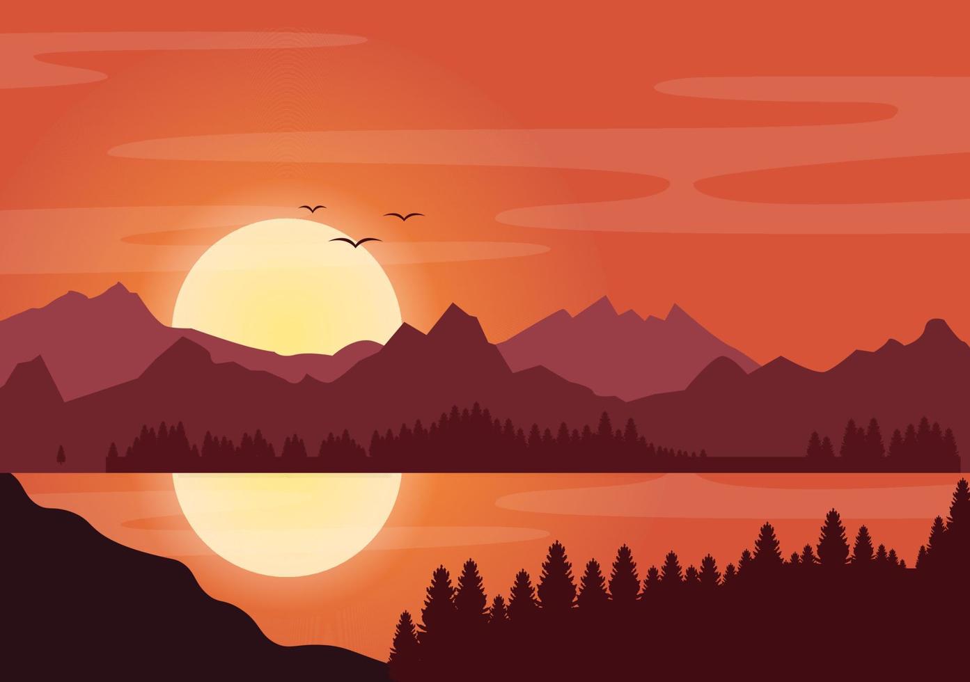 paysage de coucher de soleil de montagnes, de nature sauvage, de sable, de lac et de vallée dans une nature sauvage et plate pour une affiche, une bannière ou une illustration d'arrière-plan vecteur