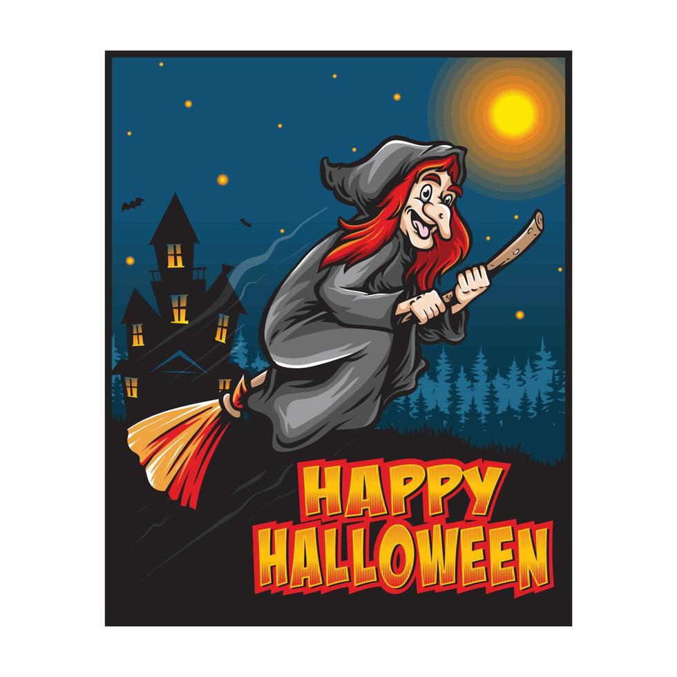 illustration d'affiche halloween sorcière volante vecteur