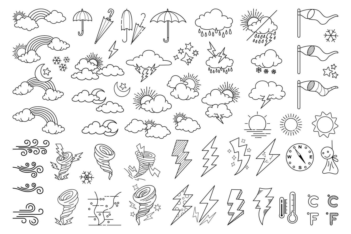 météo doodle set vector illustration avec dessin à la main vecteur de style art ligne, étoile, soleil