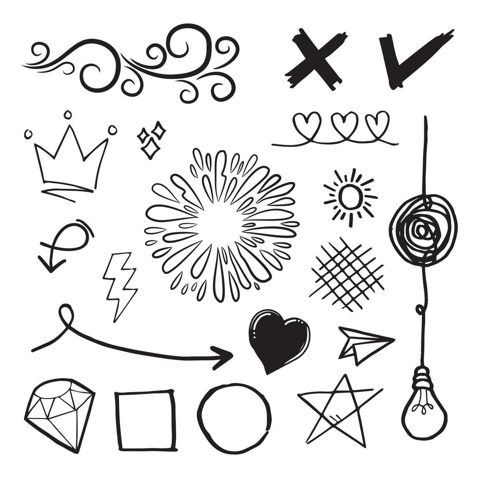 doodle vector set illustration avec vecteur de style d'art de ligne de tirage à la main. couronne, roi, soleil, flèche, cœur, amour, étoile, tourbillon, plonge, emphase, pour la conception