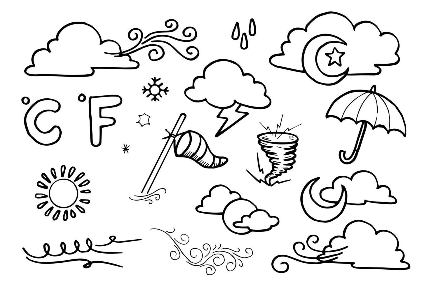 météo doodle set vector illustration avec dessin à la main vecteur de style art ligne, étoile, soleil