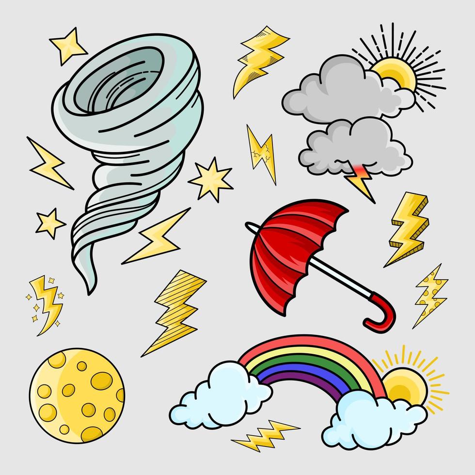 météo doodle set vector illustration avec dessin à la main vecteur de style art ligne, étoile, soleil