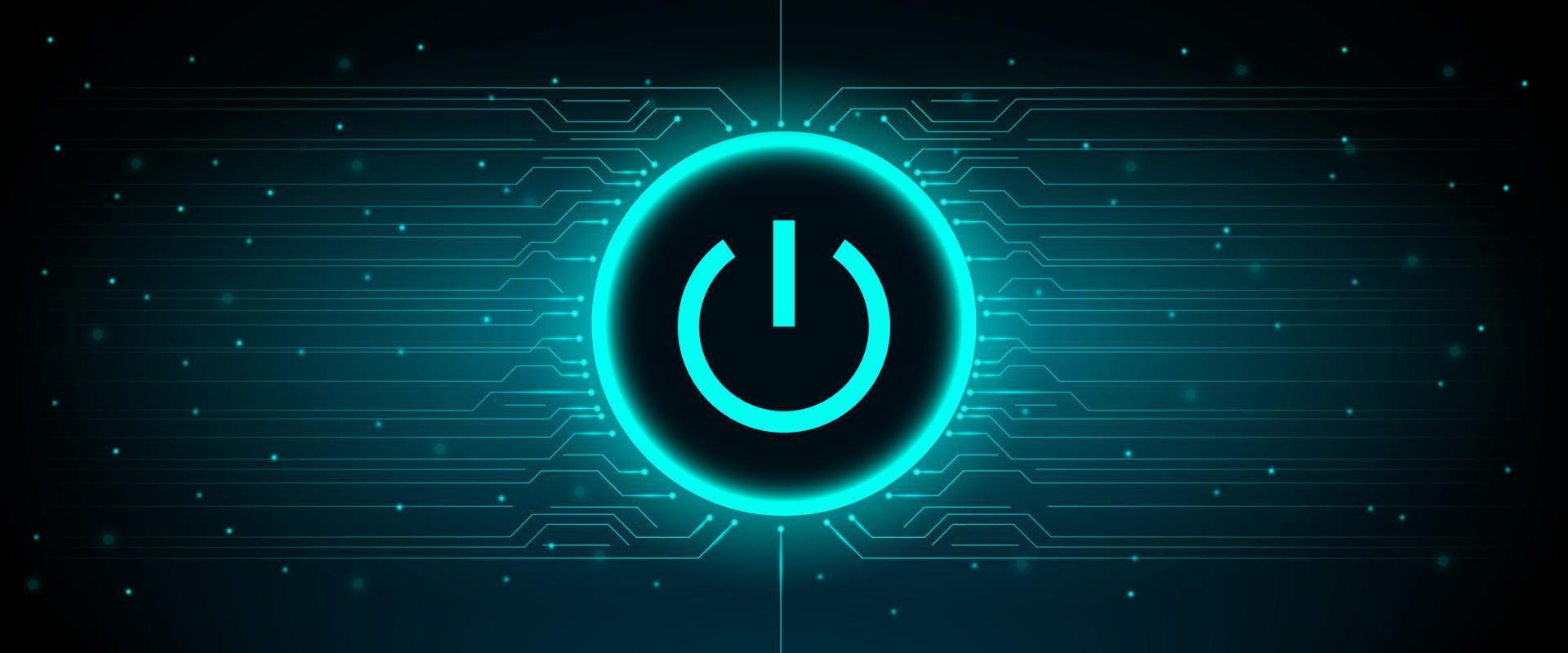 bouton d'alimentation néon lumineux bleu sur fond de technologie de connexion cyber sécurité. vecteur