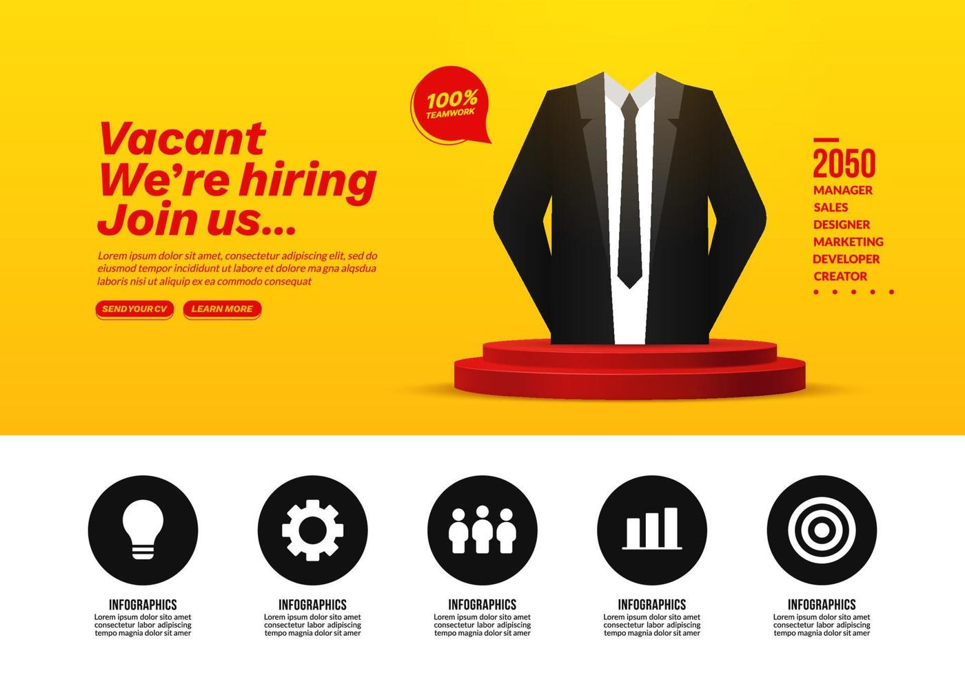 nous sommes une bannière avec un costume d'homme d'affaires, un poste vacant et un concept de recrutement avec des icônes infographiques d'entreprise vecteur