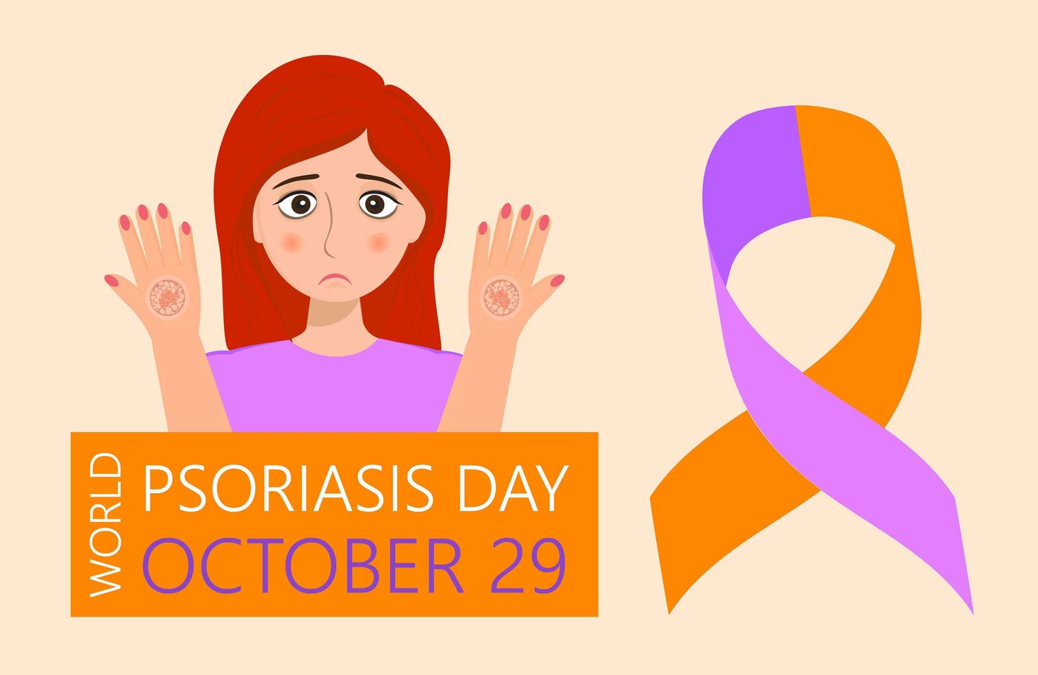 journée mondiale du psoriasis le 29 octobre. Une fille mignonne triste et un ruban violet orange sont affichés. vecteur