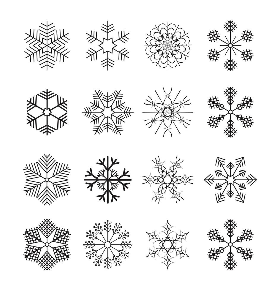 ensemble de flocons de neige de silhouettes. signe de cristaux d'hiver, icônes de forme de neige et symboles givrés de Noël, vecteur