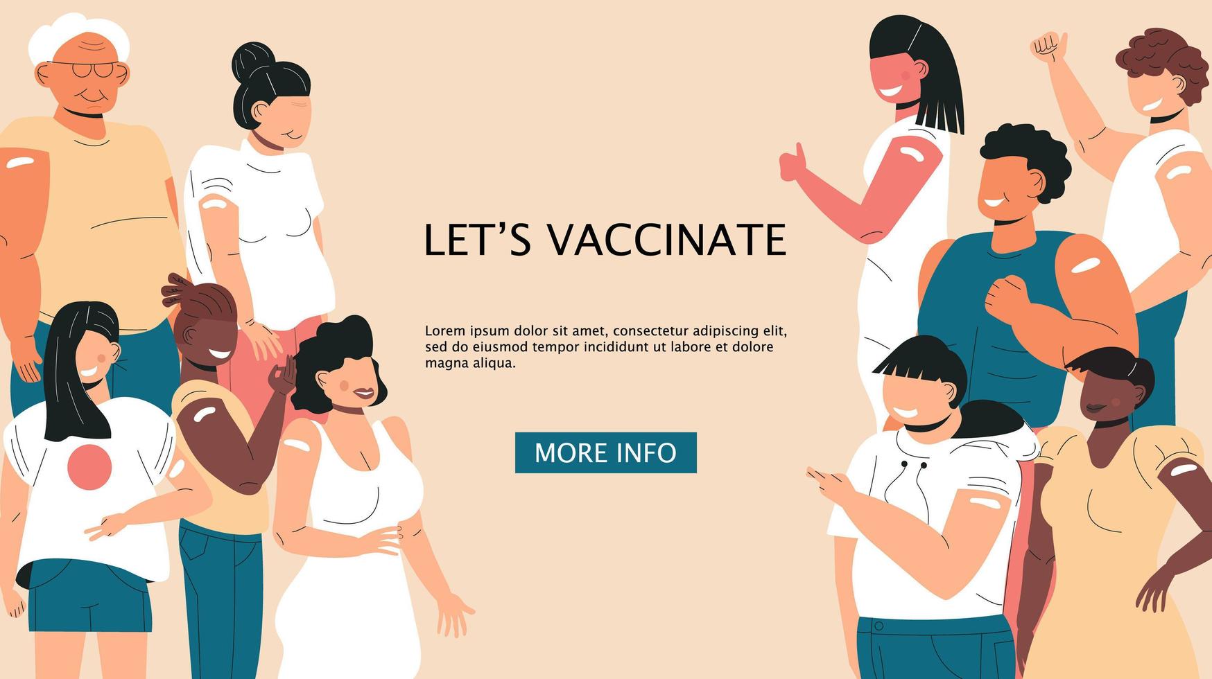 après vecteur de concept de vaccination. entreprise de vaccins contre le coronavirus. l'injection dans l'épaule s'est déroulée avec succès. plusieurs races de femmes et d'hommes après avoir reçu le vaccin.