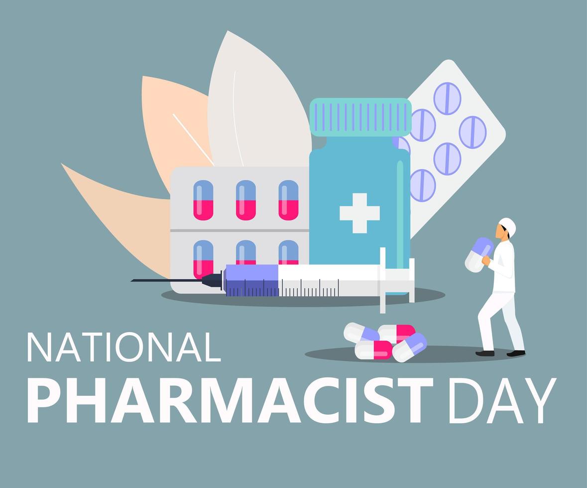 la journée nationale du pharmacien est célébrée le 12 janvier. le docteur en pharmacie travaille dans une pharmacie et se tient près de pilules médicinales, d'une bouteille. le personnel aide à choisir les médicaments. concept de soins de santé vecteur
