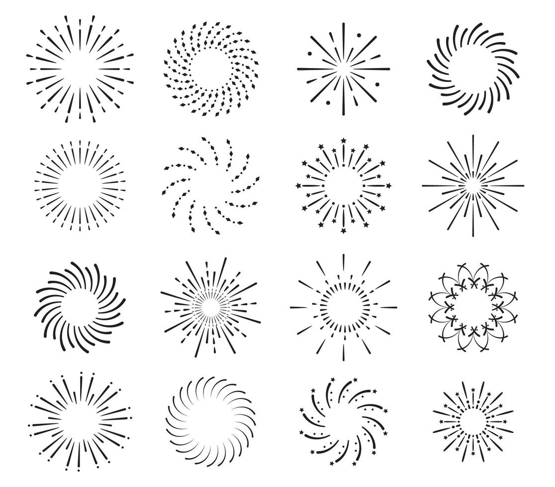 starburst, vecteur d'icônes d'ombre de feu d'artifice. rayonnant du centre des faisceaux droits et en spirale, des lignes. ensemble d'éléments simples pour le logo