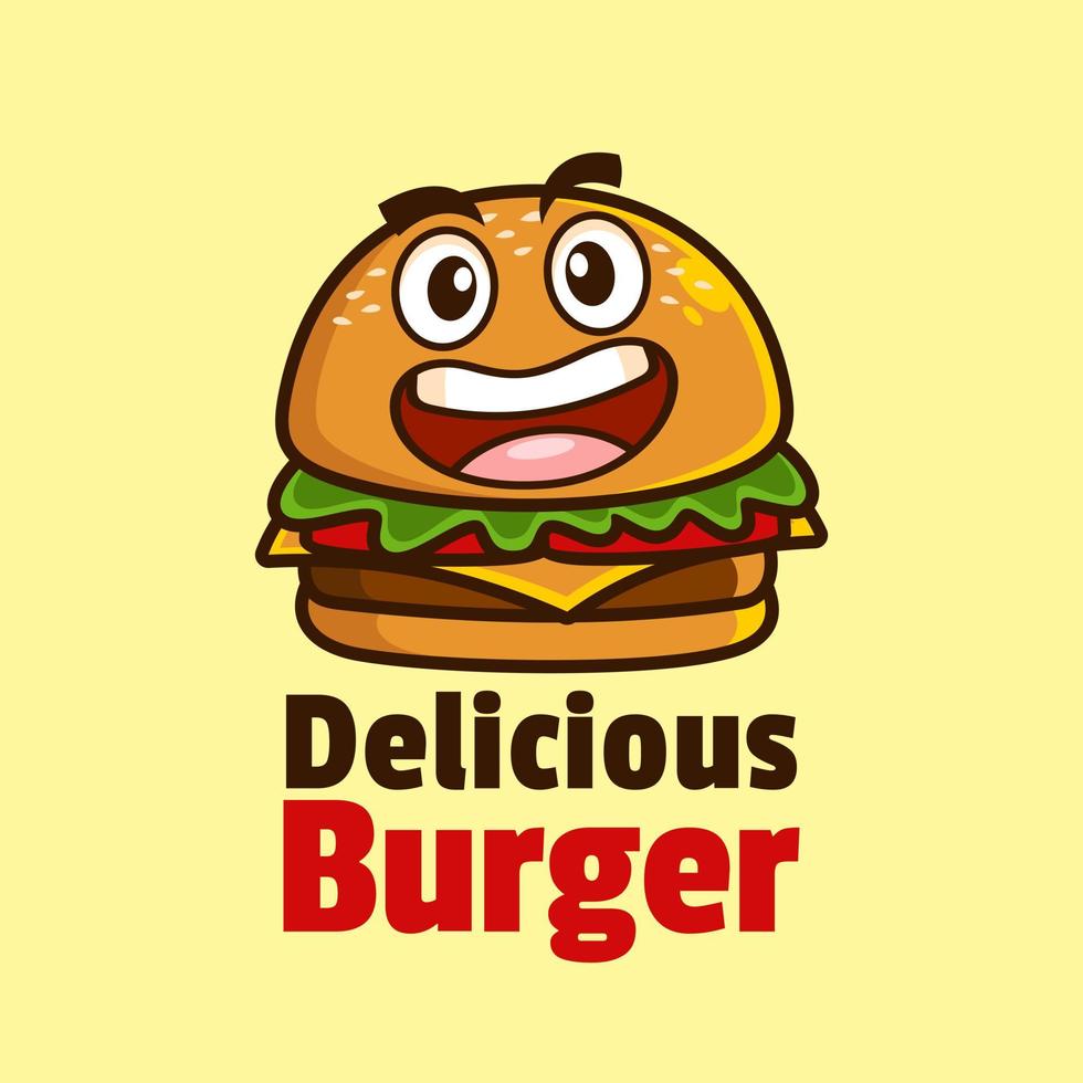 conception de logo de hamburger de mascotte de dessin animé de sourire vecteur