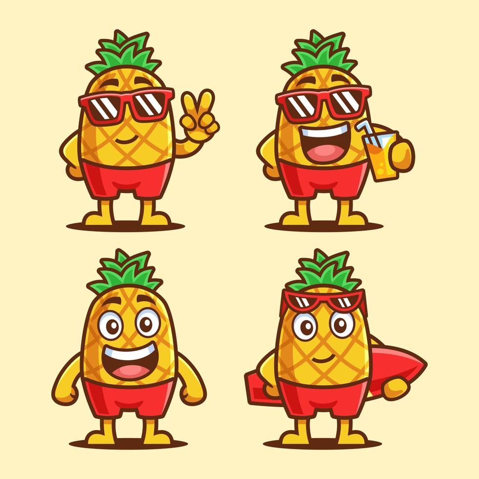 jeu de personnages de dessins animés d'été ananas vecteur