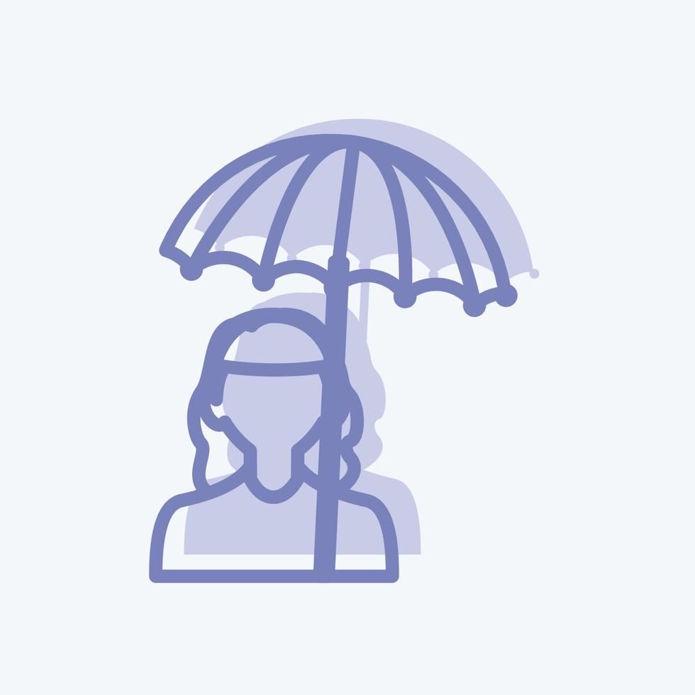 tenant l'icône de parapluie dans un style branché à deux tons isolé sur fond bleu doux vecteur