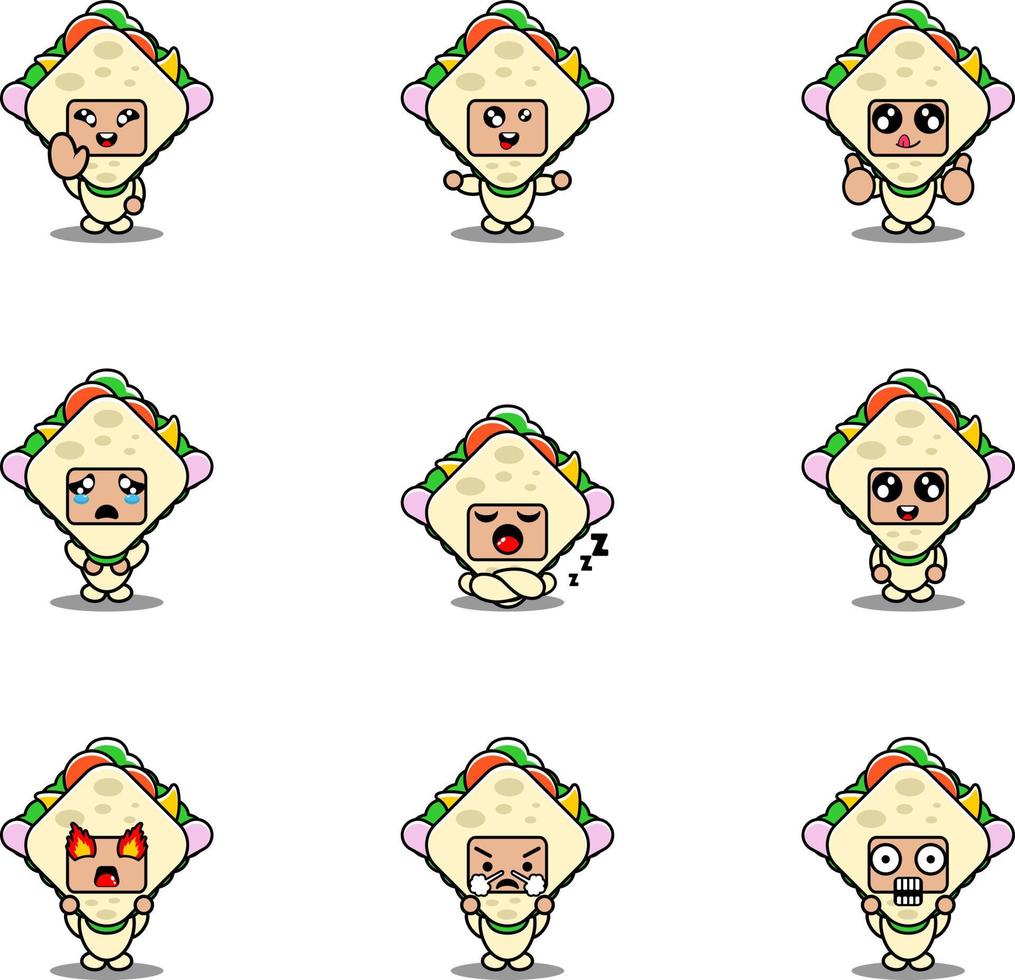 personnage de dessin animé illustration vectorielle costume de mascotte ensemble d'expression alimentaire sandwich vecteur