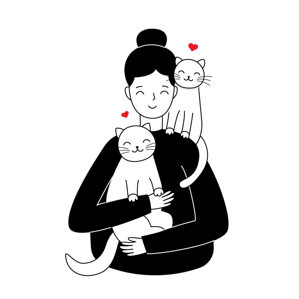 jeune fille moderne embrasse le chat. illustrations vectorielles dans un style monochrome plat à la mode vecteur