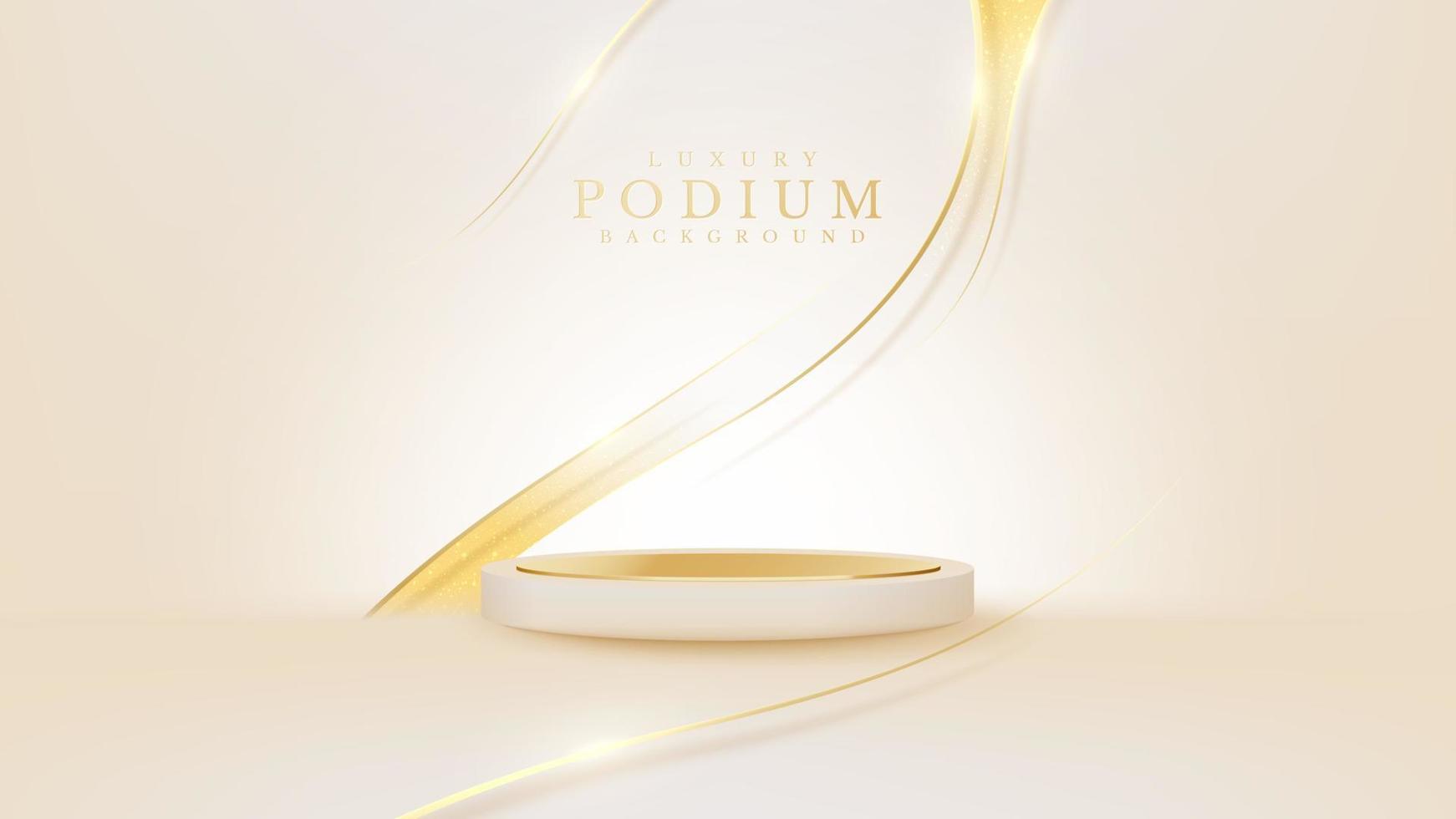 podium de couleur crème réaliste avec des éléments de ruban d'or avec effet de lumière scintillante. conception de fond de bannière de luxe. vecteur