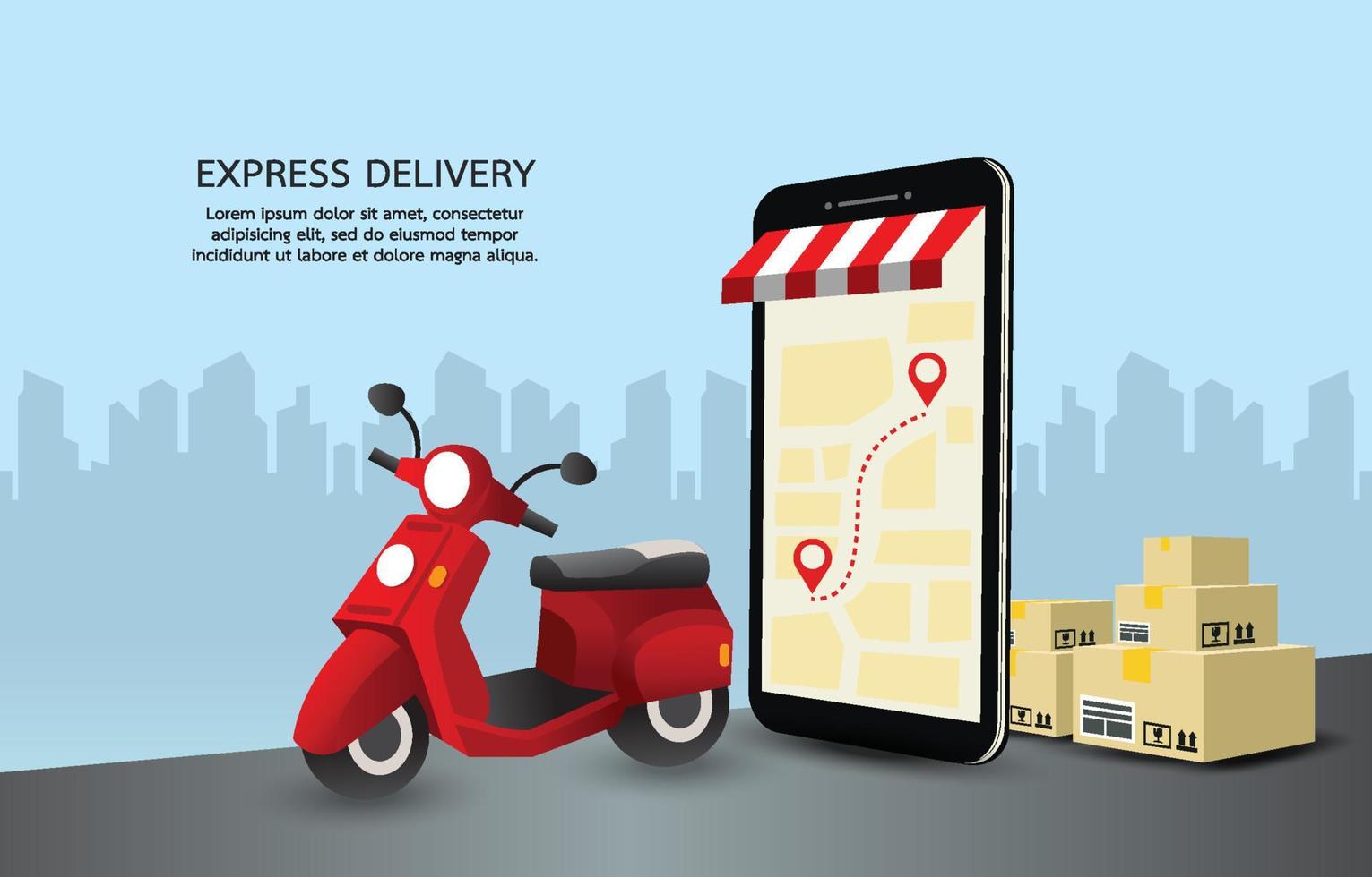 gps d'affichage mobile pour la livraison de colis. le smartphone est décoré comme un magasin avec une moto rouge et une boîte à proximité. Copiez l'espace sur le ciel et le paysage urbain. conception pour bannière, illustration, site Web, application. vecteur
