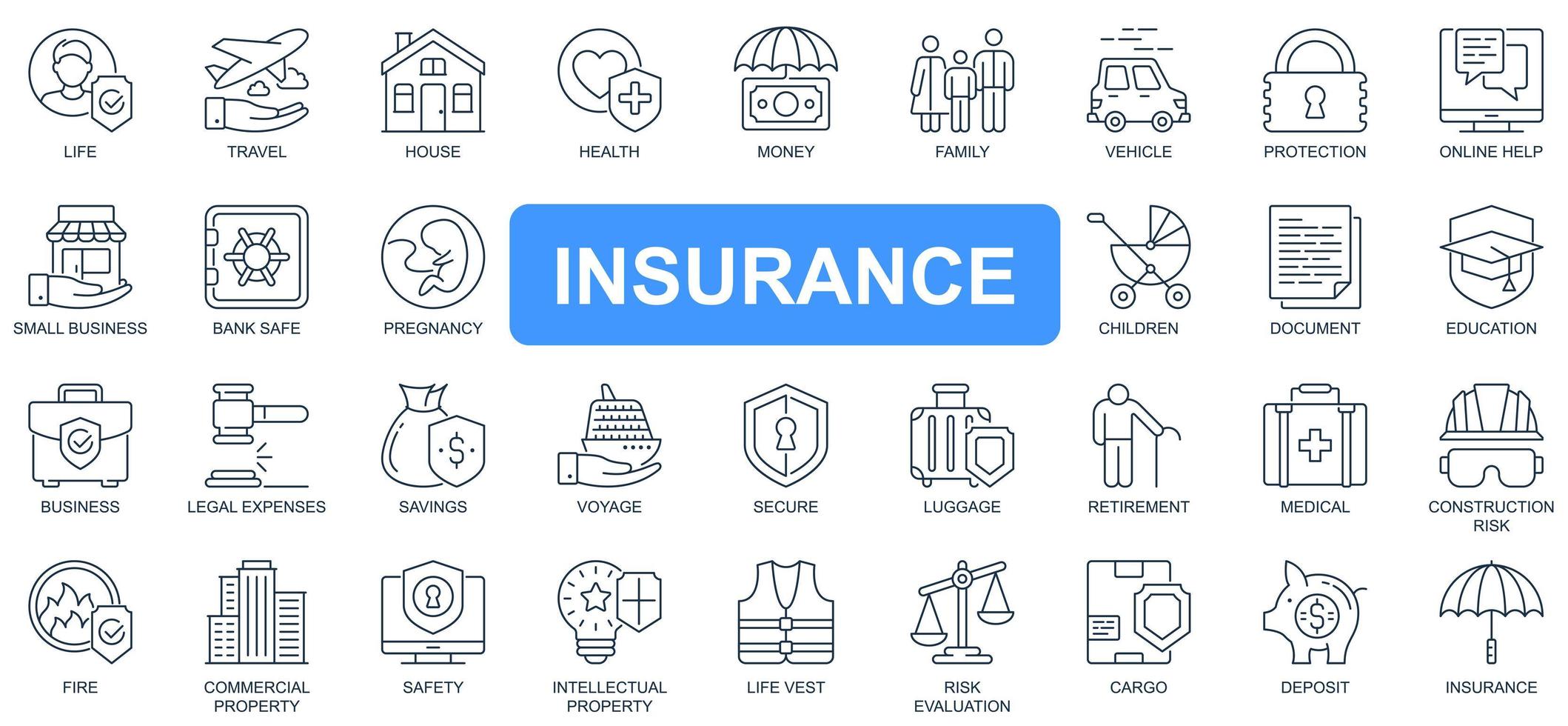 jeu d'icônes de ligne simple concept d'assurance. pack de pictogrammes de la vie, des voyages, de la maison, de la santé, de l'argent, des affaires, de la protection, de l'aide en ligne et autres. symboles vectoriels pour la conception de sites Web et d'applications mobiles vecteur