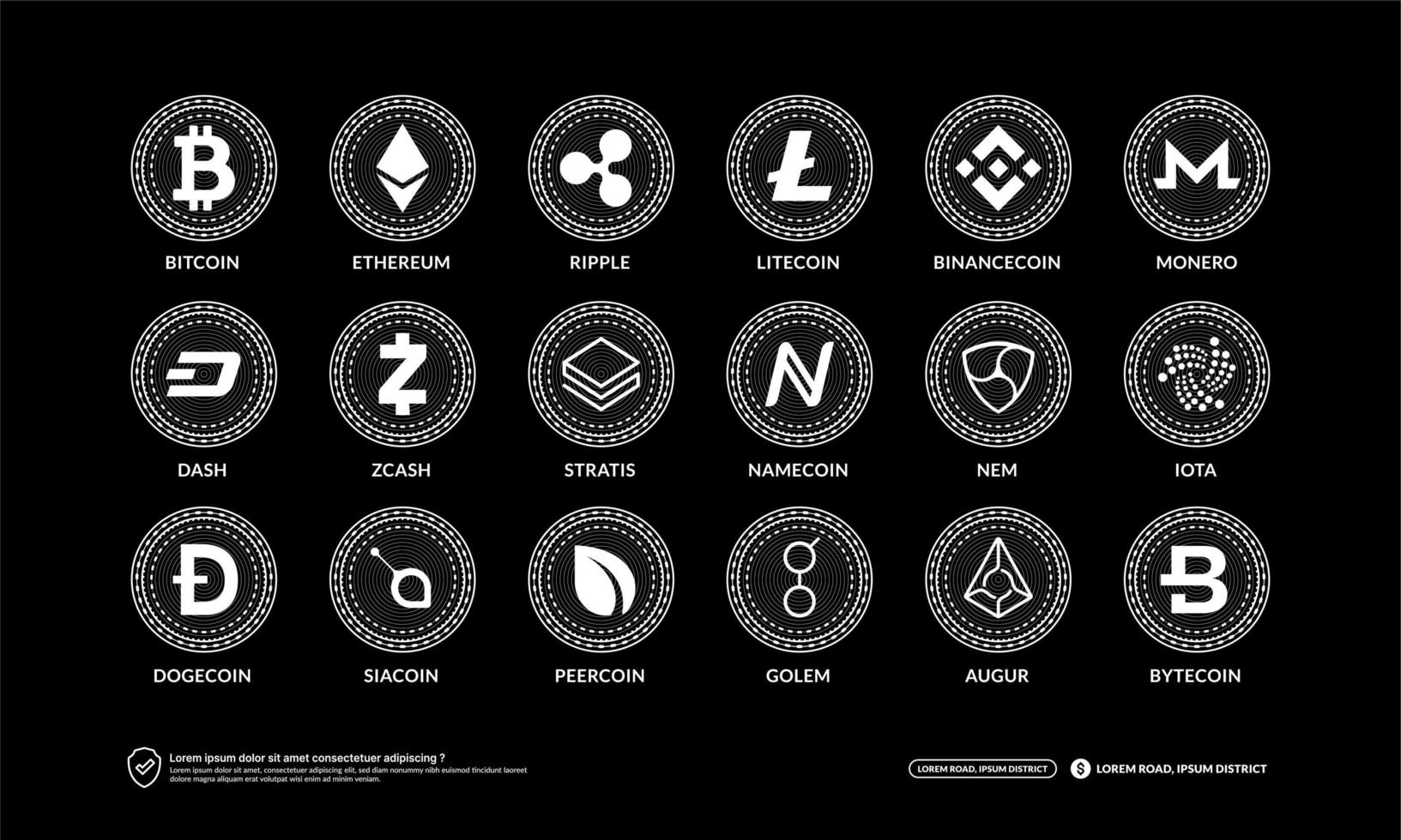 ensemble d'icônes de crypto-monnaie, technologie blockchain, symboles de pièces de monnaie et de jetons nft, logo isolé bitcoin, ethereum, litecoin, dogecoin, bnbcoin, tiret, monero, cardano, stella, ondulation, bytecoin, zcash vecteur