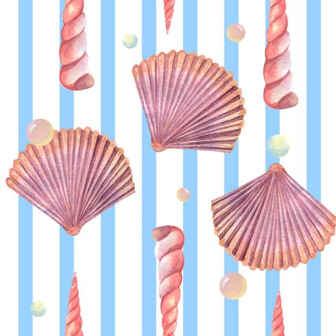 Motif de la vie marine coquille de mer transparente, été de vacances voyage sur la plage, textile aquarelle isolé, illustration vectorielle Couleur Corail. vecteur