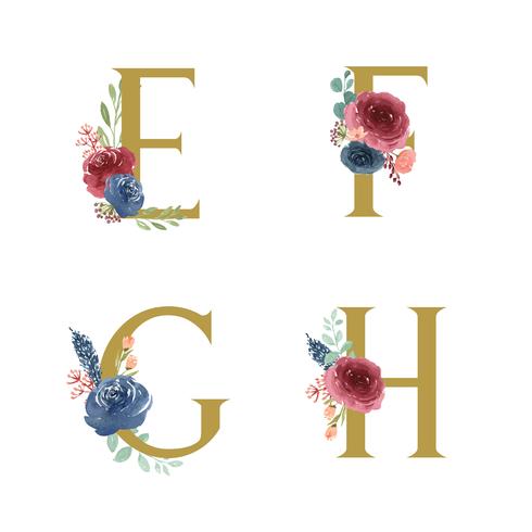 Collection de jeux de fleurs Alphabet doré, Bouquets de fleurs de pivoines roses et roses bleu-rouge, Conception pour faire-part de mariage, célébrer le mariage, Illustration vintage de Merci carte décoration vecteur