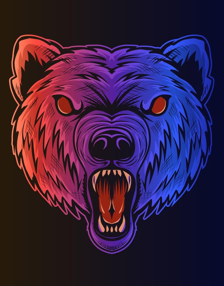 illustration tête d'ours avec couleur néon vecteur