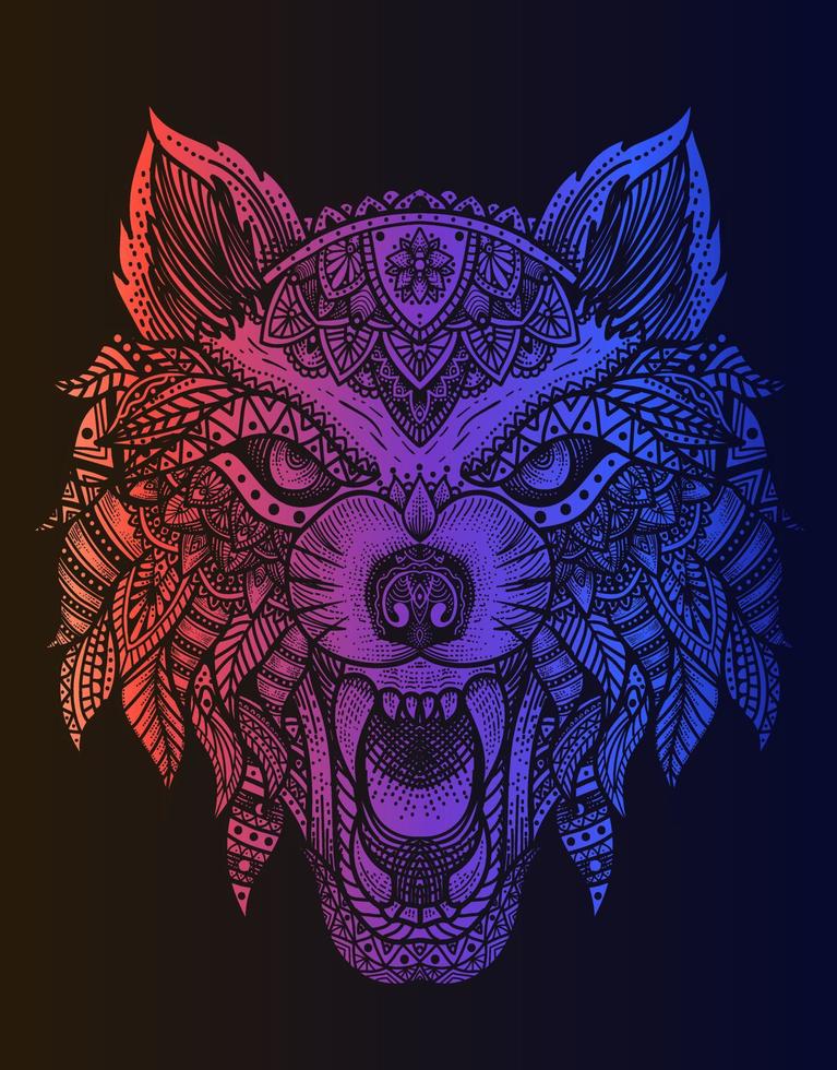 illustration style mandala loup avec couleur néon vecteur