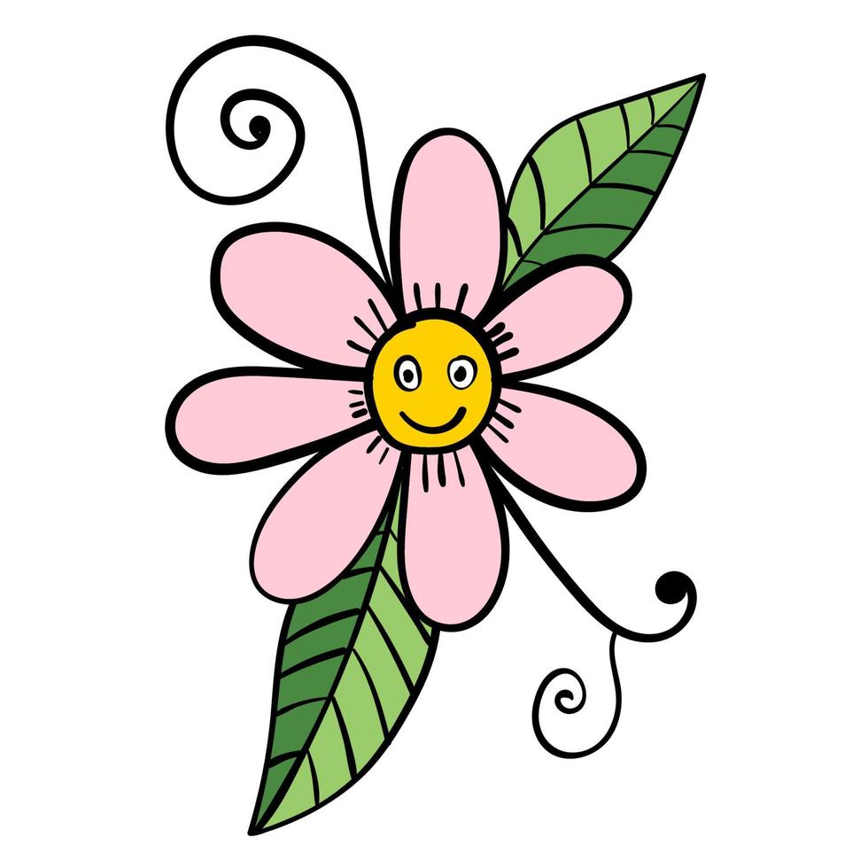 Élément floral de dessin animé coloré doodle isolé sur fond blanc. caractère de fleur avec des feuilles et des boucles. vecteur